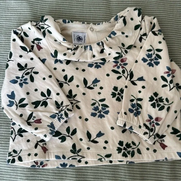 long sleeves shirt, petit bateau, 12m, cream with flowers, 100% cotton - Picture 1 of 3